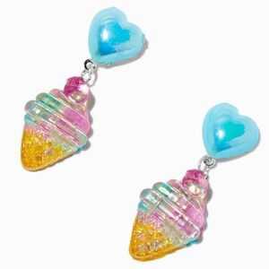 Claire's Puffy Heart and Ice Cream Cone Drop Post Pierced Earrings, Blue Yellow
